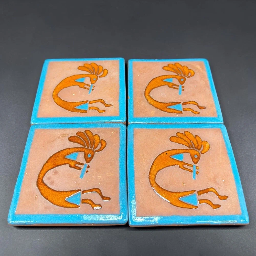 Tecate Mexico Kokopelli Terracotta Tiles Set of 4 Turquoise Orange 4in Coasters
